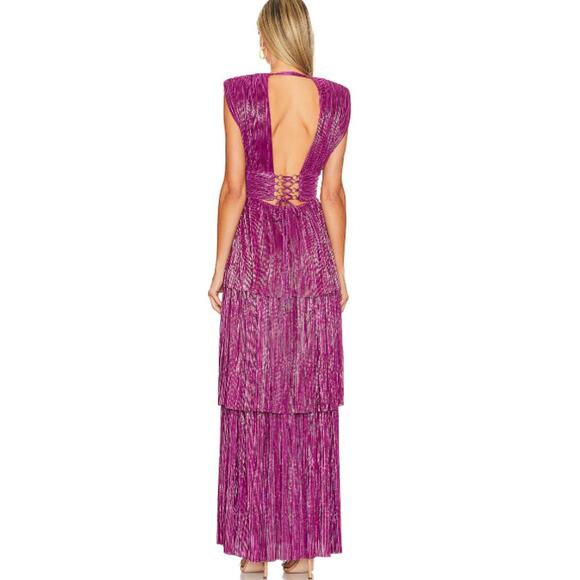 Sabina Musayev Judith Gown V-Neck Pleated Lace-Up Backless Tiered Maxi Dress - Picture 15 of 16